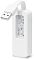 Фото-2 USB-Ethernet адаптер TP-Link UE200, вид сзади: белый корпус с нишей под маркировку, USB-штекер на коротком кабеле вынесен сверху; белый фон; важно для страницы, чтобы увидеть USB-подключение и заводскую маркировку.