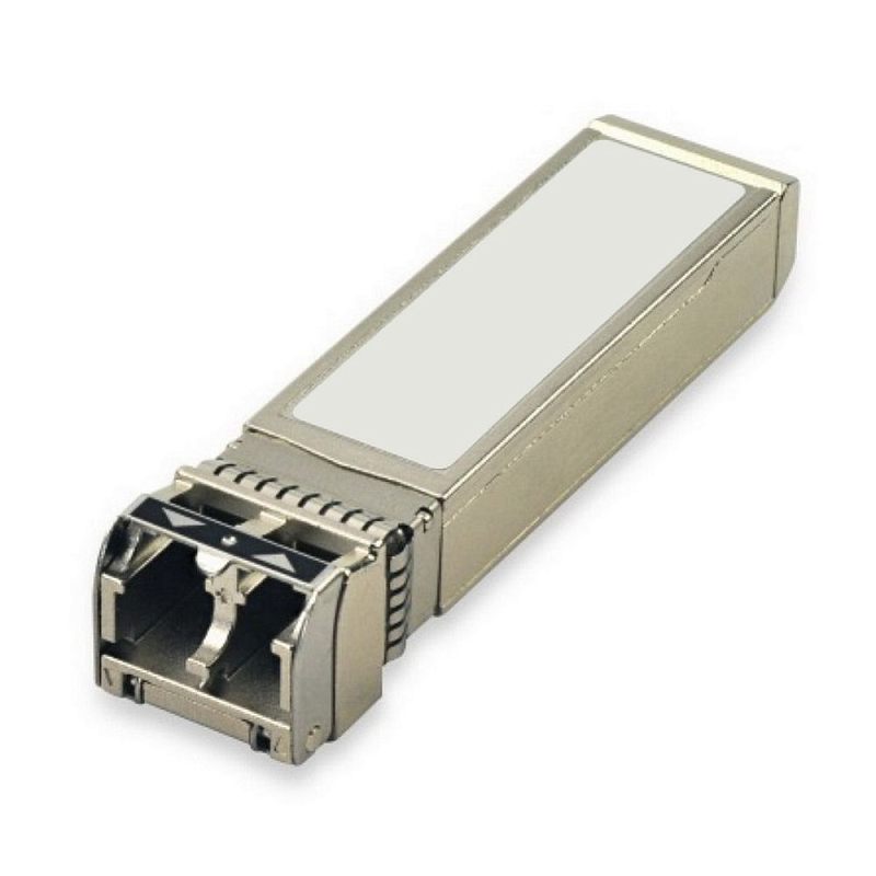 Фото-1 Трансивер Silicom EIC FTLF1318P3B (SFP), вид под углом; металлический модуль с LC-разъёмом спереди, откидной фиксатор с указателями-стрелками, верхняя площадка без видимой маркировки; фото на белом фоне для проверки разъёма и форм‑фактора SFP на странице товара.