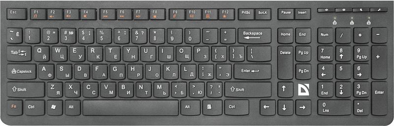 Фото-1 Клавиатура Defender UltraMate SM-535, вид спереди; полноразмерная раскладка с цифровым блоком, чёрный низкопрофильный корпус, отдельные мультимедийные обозначения и логотип Defender на блоке стрелок. Для страницы товара важно, потому что изображение показывает раскладку клавиш и внешний вид устройства.