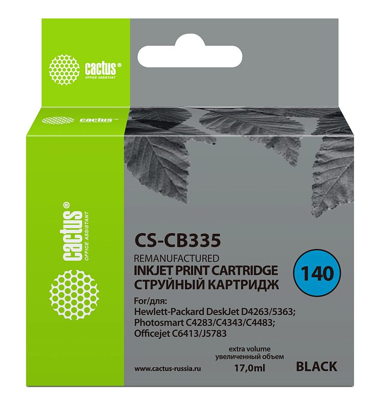 Фото-1 Струйный картридж Cactus CS-CB335, лицевая сторона упаковки; зелёно-серая коробка с подвесом, голубым кругом 140, надписью Black и объёмом 17,0 мл, на панели указан список совместимых моделей HP DeskJet, PhotoSmart и Officejet; изображение на белом фоне важно для страницы товара, так как показывает модель, цвет и объём картриджа.
