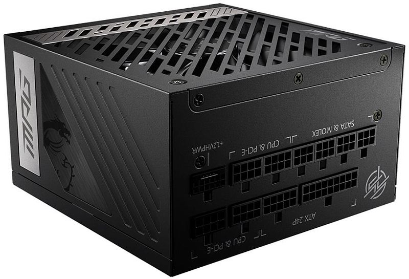 Фото-1 Блок питания MSI MPG A1000G PCIE5, вид спереди-сверху на модульный корпус; на фото чёрный блок с диагональной вентиляционной решёткой, боковой вставкой MSI и панелью разъёмов ATX 24P, CPU & PCI-E, SATA & MOLEX и +12VHPWR, изображение показывает компоновку подключений для страницы товара.