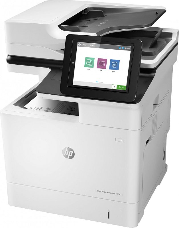 Фото-1 МФУ HP LaserJet Enterprise M635h (7PS97A), вид спереди-слева: сенсорный экран управления, верхний автоподатчик документов, лоток вывода с листом; белый корпус с чёрными элементами на белом фоне — показывает расположение панели и узлов сканирования для страницы товара.