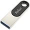 Фото-3 USB-накопитель Netac U278 128 ГБ, вид под углом со стороны USB-A: серебристый корпус, чёрная верхняя вставка с логотипом Netac и отверстие под кольцо, в разъёме заметна синяя вставка; на белом фоне, чтобы показать тип разъёма на странице товара.