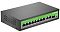 Фото-2 Коммутатор DIGMA DSP208G-2G-1S-T120, вид спереди слева под углом. Видны металлический чёрный корпус, вентиляционные отверстия на боковой стенке, 8 RJ45 PoE-портов, 2 uplink RJ45 и 1 SFP. Это фото важно для страницы товара, потому что показывает корпус и доступ к портам в объёмном ракурсе.