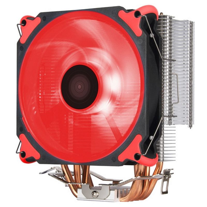 Фото-1 Кулер для процессора SilverStone AR12i EDM — фронтальный вид: красная полупрозрачная крыльчатка в чёрной рамке с красными угловыми вставками, сбоку серебристые рёбра радиатора и снизу медные тепловые трубки с монтажной скобой; фото на белом фоне показывает внешний вид вентилятора и конструкцию основания.