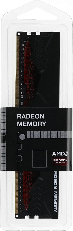 Фото-1 Модуль памяти AMD Radeon R9 Gaming Series R9S416G3206U2S, вид спереди в прозрачной блистерной упаковке; чёрный DIMM DDR4 с угловатым радиатором, красным пиксельным рисунком и маркировкой Radeon Memory; чёрный цвет, предметное фото упаковки для карточки товара оперативной памяти.