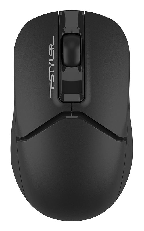 Фото-1 Беспроводная мышь A4Tech Fstyler FG12S Black, вид сверху; полностью чёрный корпус, глянцевая центральная вставка с колесом прокрутки и логотип Fstyler на левой кнопке; основное изображение товара для страницы модели.