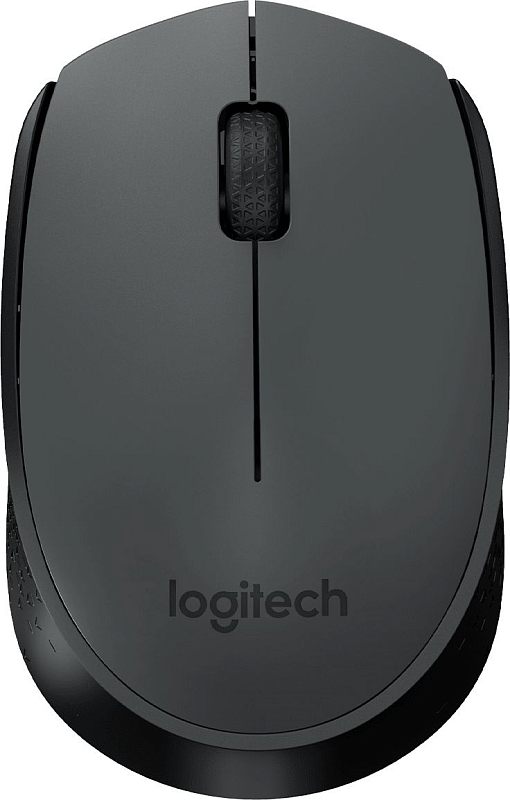 Фото-1 Беспроводная мышь Logitech M170, серая, вид сверху; на фото компактный симметричный корпус, рифлёное колесо прокрутки, тонкая центральная линия между кнопками и логотип Logitech в нижней части; изображение показывает основной внешний вид модели для карточки товара.