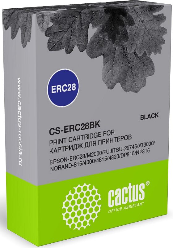 Фото-1 Картридж Cactus CS-ERC28BK, упаковка спереди под углом: коробка серо-зелёного цвета с обозначением ERC28 и black, печатной маркировкой модели и списком совместимости; фото показывает вариант поставки и идентификацию расходника для страницы товара.