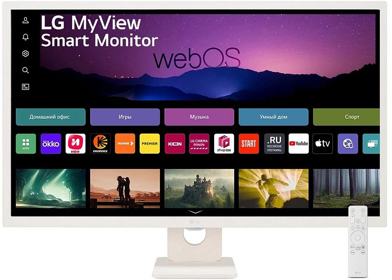 Фото-1 Монитор LG 32SR50F‑W (MyView Smart Monitor) 31,5", вид спереди: белая рамка и подставка с круглым отверстием, на экране интерфейс webOS; рядом показан пульт ДУ; важно — показывает внешний вид и управление пультом.