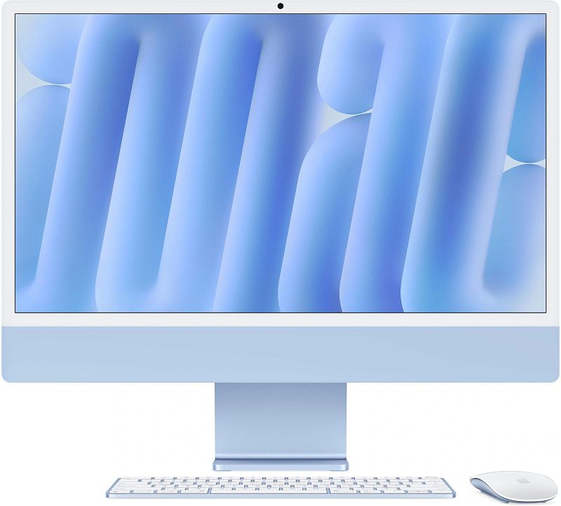 Фото-1 Моноблок Apple iMac A3137 24 MWV13CH/A, вид спереди с клавиатурой и мышью; светло-синий корпус, тонкие светлые рамки, встроенная камера по центру сверху и широкая нижняя панель в цвет корпуса; фото показывает фронтальный вид и комплект для страницы моноблока.