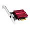 Фото-1 Сетевая карта Cudy PE10G PCIe: вид под углом, на планке один порт RJ‑45, на плате большой красный ребристый радиатор с логотипом cudy и разъём PCIe; белый фон; показывает внешний порт и охлаждение 10GbE адаптера.