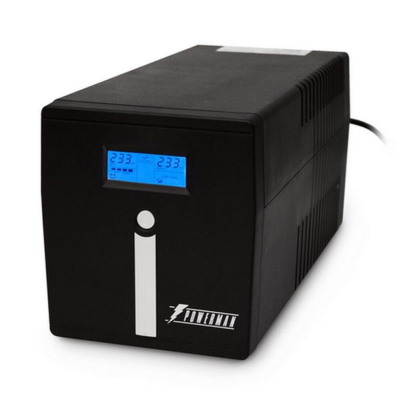 Фото-1 ИБП Powerman Smart Sine 1000 VA 6036467, вид спереди справа; чёрный tower-корпус, синий LCD-дисплей, круглая кнопка под экраном и вертикальная светлая вставка на лицевой панели; основное фото показывает переднюю часть устройства.