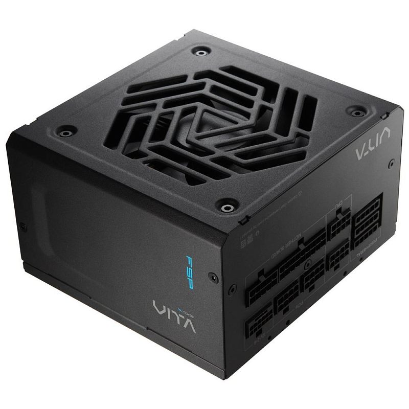 Фото-1 Блок питания для ПК FSP VITA 850GM, вид под углом спереди и сверху; на фото чёрный корпус с фигурной верхней решёткой вентилятора, голубым логотипом VITA на боковой панели и панелью модульных разъёмов справа; изображение на светлом фоне для карточки товара, показывает общий вид и модульную конструкцию.