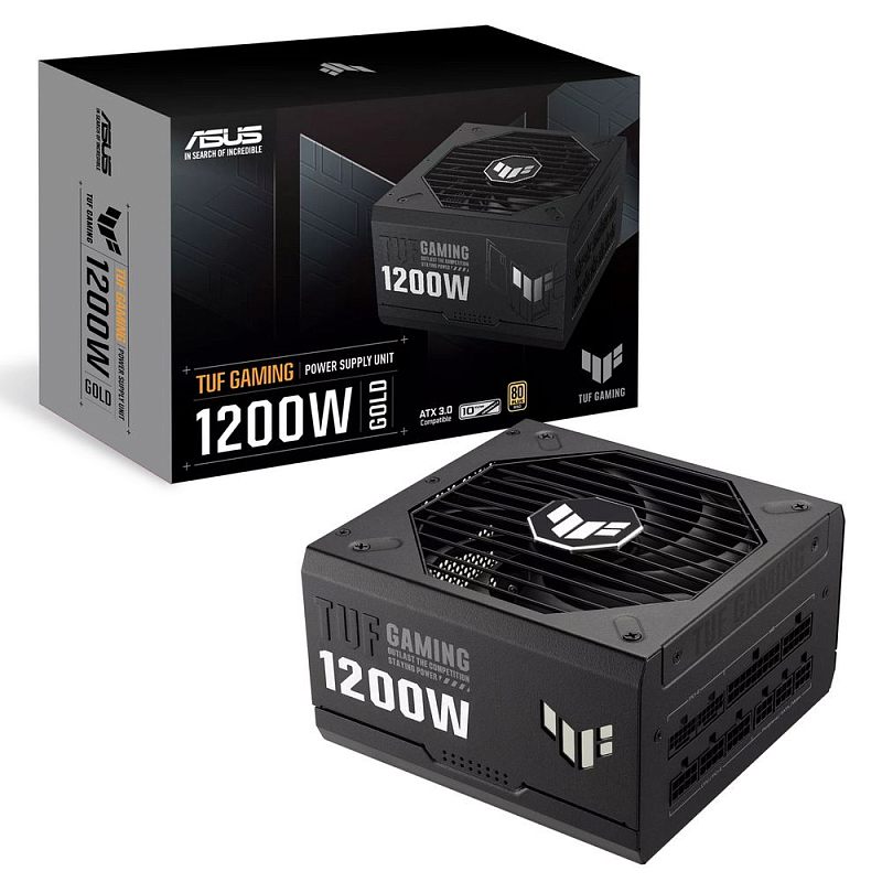 Фото-1 Блок питания для ПК ASUS TUF Gaming 1200W, комплект с упаковкой; показаны коробка и сам блок питания с маркировкой 1200W, изображение помогает подтвердить модель и оформление товара.