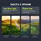 Фото-12 Монитор Digma Progress 24P403F 23,8, инфографика функций защиты зрения; четыре вертикальных примера изображения сравнивают антибликовое покрытие, режим low blue light и flicker free, фон тёмно-синий; фото помогает понять дополнительные функции для длительной работы за экраном.