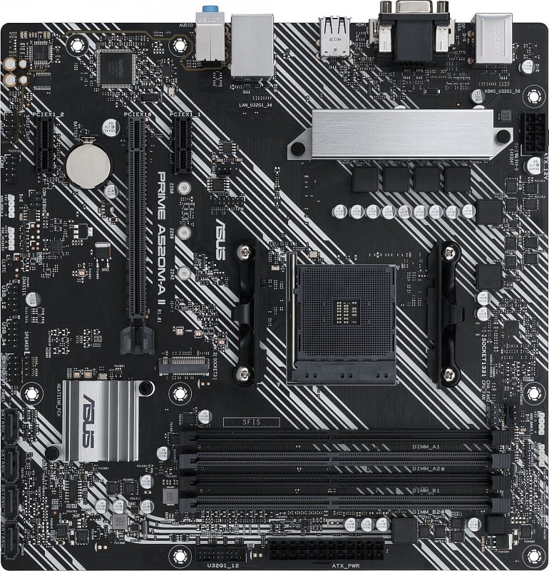Фото-1 Материнская плата ASUS PRIME A520M-A II CSM, вид сверху; на фото чёрная плата microATX с сокетом AM4, четырьмя слотами памяти, длинным серебристым радиатором и слотами PCIe, что важно для страницы с обзором компоновки платы.