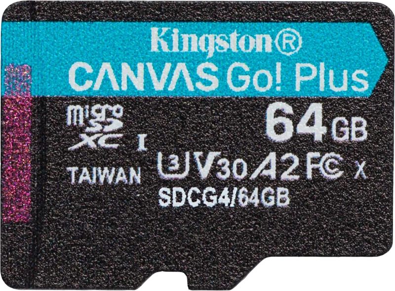 Фото-1 Карта памяти microSDXC Kingston Canvas Go! Plus 64GB SDCG4/64GB — крупный план лицевой стороны; чёрный корпус с бирюзовой полосой, маркировки microSDXC I, V30 и A2, слева цветная защитная голографическая полоса. Контекст: изображение самой карты. Важно для страницы товара, чтобы распознать модель и обозначения скорости на носителе.
