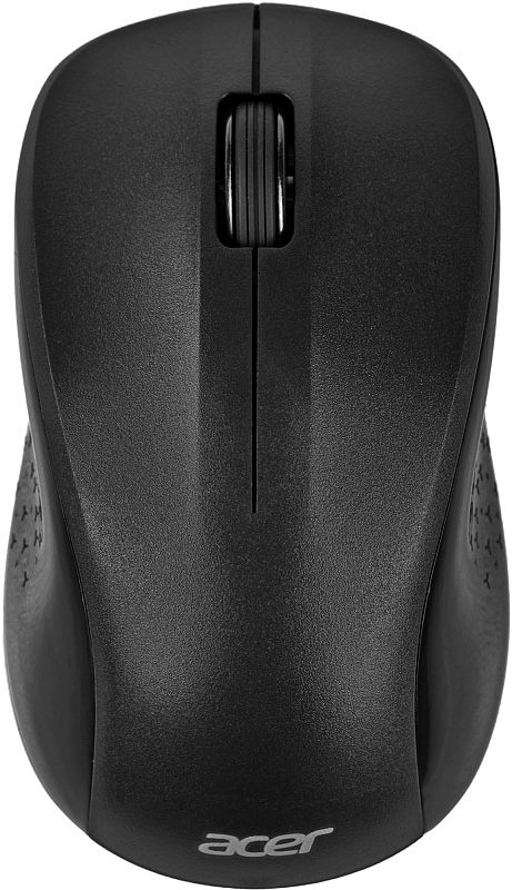 Фото-1 Беспроводная мышь Acer OMR302, вид сверху на корпус; на фото видны колесо прокрутки, три основные кнопки и логотип Acer у нижней части корпуса, цвет чёрный; изображение показывает базовую форму и органы управления, что важно для карточки товара.