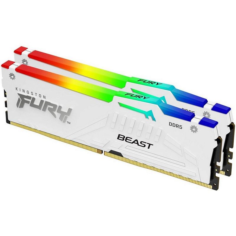 Фото-1 Комплект памяти Kingston FURY KF560C36BWE2AK2/32, фронтальный вид пары модулей; две чёрные DIMM-планки с красно-оранжевой световой полосой сверху, видны логотип Kingston FURY, надпись Beast и золотистый контактный край, изображение показывает лицевую сторону модулей в составе комплекта.