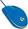Фото-3 Проводная мышь Logitech G102 Lightsync, крупный план сверху под углом; видны кабель, колесо прокрутки, кнопка DPI, боковая кнопка и световая линия по контуру корпуса, цвет синий с бирюзовыми элементами. Фото показывает расположение органов управления и оформление верхней части модели.