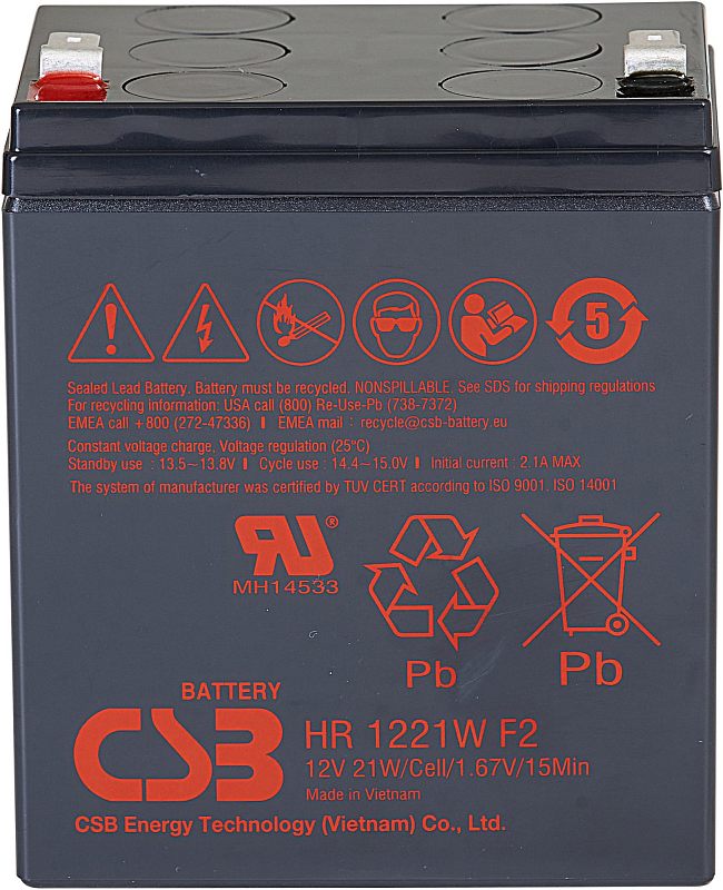 Фото-1 Аккумулятор для ИБП CSB HR 1221W F2, вид под углом; чёрный корпус с наклейкой HR 1221W F2, сверху клеммы с цветовой маркировкой; фото на белом фоне, важно для распознавания модели по маркировке и форм-фактору.