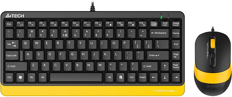 Фото-1 Комплект A4Tech F1110 Bumblebee, вид спереди: клавиатура и мышь на светлом фоне. Видны чёрные корпуса с жёлтыми вставками, полноразмерная раскладка клавиатуры и колесо прокрутки мыши. Подходит для страницы товара, потому что показывает состав комплекта и цветовое исполнение.