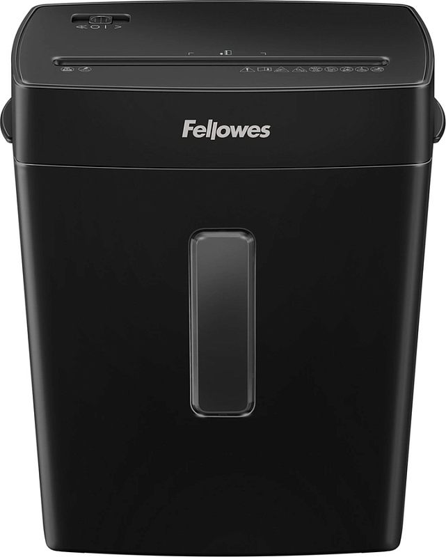 Фото-1 Уничтожитель бумаги Fellowes R-42S (FS 50125) — фронтальный вид; чёрный корпус со скруглённой верхней панелью, верхний слот подачи и узкое вертикальное окно на передней стороне; важно для понимания внешнего вида и окна корзины.