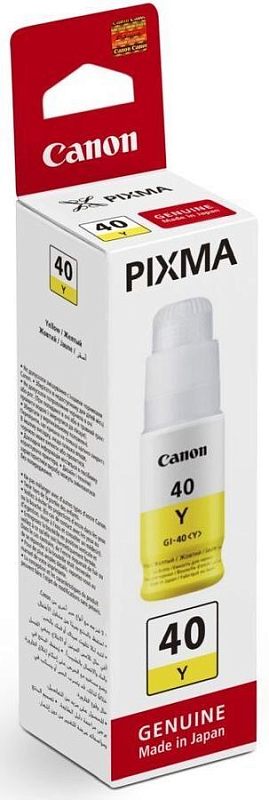 Фото-1 Чернила Canon GI-40 Y, упаковка спереди-сбоку; высокая белая коробка PIXMA с изображением флакона, жёлтой маркировкой 40 Y и красным верхним клапаном, на белом фоне для страницы чернил и проверки серии.