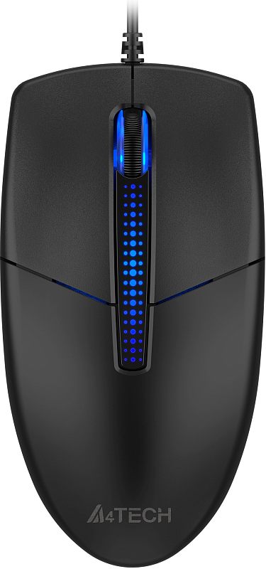 Фото-1 Проводная мышь A4Tech N-530S, вид сверху; на фото чёрный корпус с синей световой полосой по центру, колесо прокрутки и кабельный ввод сверху; основное изображение товара для страницы модели.