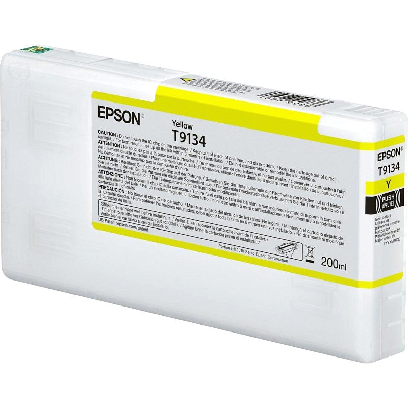 Фото-1 Картридж Epson T9134 Yellow 200 мл, вид спереди справа под углом; полупрозрачный корпус с жёлтой рамкой этикетки, маркировкой Yellow T9134, штрихкодом сверху и значком PUSH на торце. Фото помогает сверить цвет и модель расходника на странице товара.