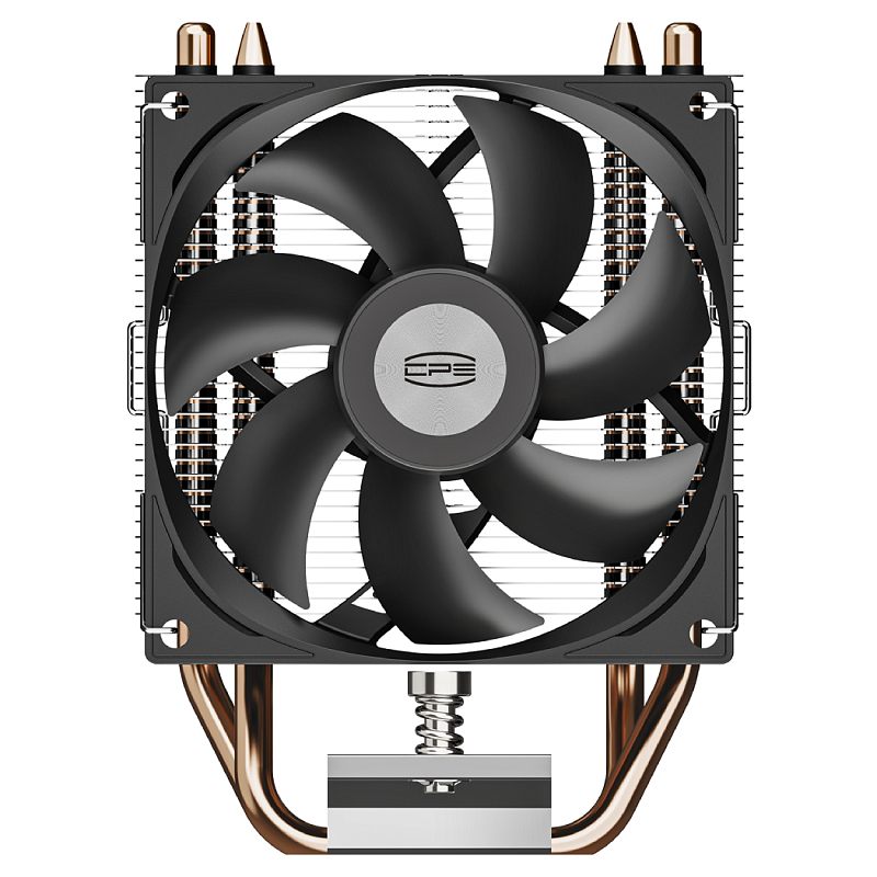 Фото-1 Кулер для процессора PCCooler R200, фронтальный вид: чёрный вентилятор с серой центральной наклейкой с логотипом, за ним серебристые пластины радиатора. Сверху видны медные колпачки тепловых трубок, снизу — прижимной винт на пружине и часть медных трубок. Цвет: чёрный, серебристый, медные элементы; фото показывает переднюю проекцию кулера.