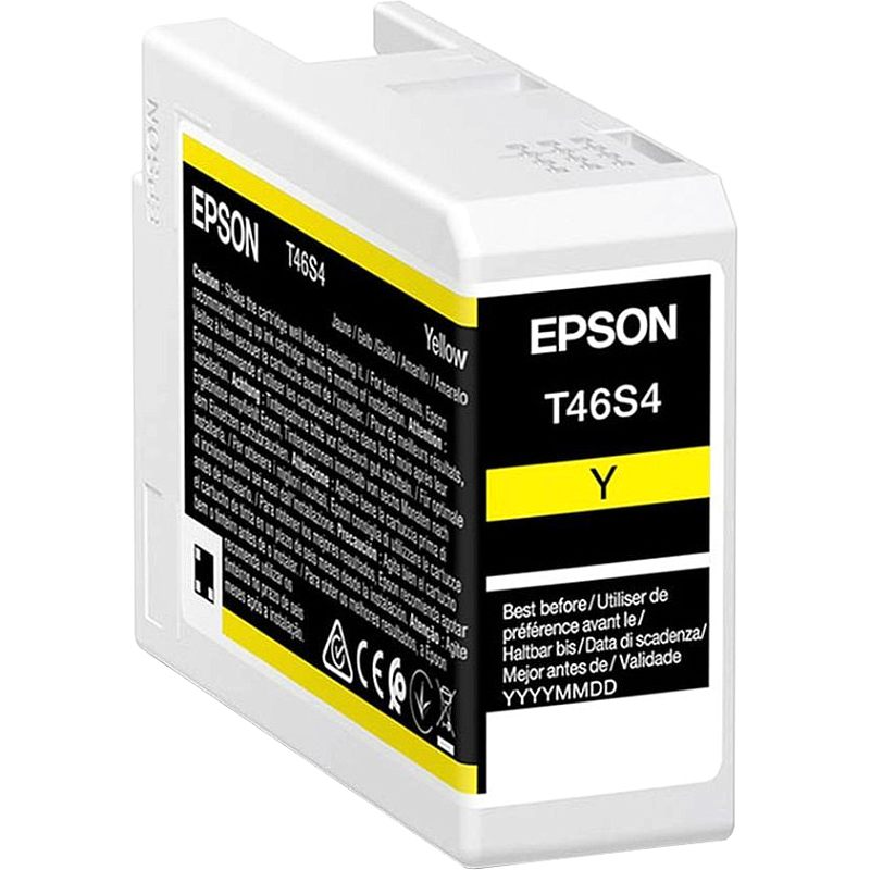 Фото-1 Картридж Epson T46S4 жёлтый, вид под углом на сам картридж без упаковки; на фото показан белый корпус с чёрной лицевой этикеткой Epson T46S4, жёлтой полосой Y и верхним фиксатором; изображение помогает увидеть форму картриджа и цветовую маркировку на странице товара.