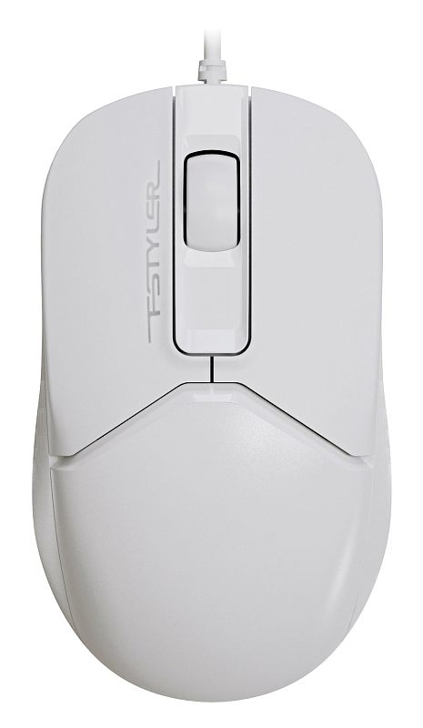 Фото-1 Проводная мышь A4Tech Fstyler FM12 White, вид сверху; на фото полностью белый корпус, белое колесо прокрутки и центральная вставка с логотипом FSTYLER, кабель выходит сверху; изображение показывает внешний вид модели для страницы товара.