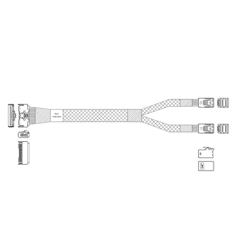 Фото-1 Кабель данных JPC P7356DN10800, общий вид: переход MCIO x8 (74 pin) на разъём SFF-8643, чёрный кабель, белый фон; важно для проверки типов коннекторов при выборе на странице товара.