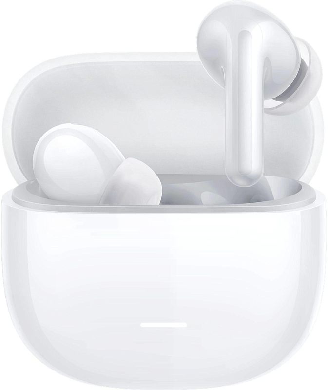 Фото-1 Беспроводные наушники Xiaomi Buds 8 Lite, белые, вид спереди с открытым зарядным кейсом; на фото один наушник в кейсе и один вынесен вверх, видны силиконовые амбушюры и световой индикатор на корпусе кейса; изображение показывает комплект и формат хранения для карточки товара.