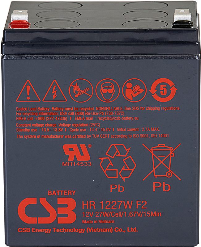 Фото-1 Аккумулятор для ИБП CSB HR 1227W F2, вид под углом; чёрный корпус с маркировкой HR 1227W F2 и верхними клеммами; фото на белом фоне, важно для идентификации модели и полярности клемм.