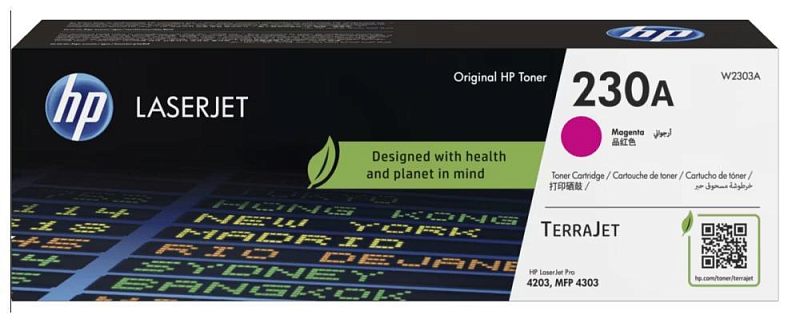 Фото-1 Тонер-картридж HP 230A W2303A Magenta, фронтальный вид упаковки; коробка LaserJet с пурпурной цветовой меткой, крупным номером 230A, QR-кодом и надписью TerraJet в нижней части. Фото помогает сверить модель, цвет и серию тонера на странице товара.