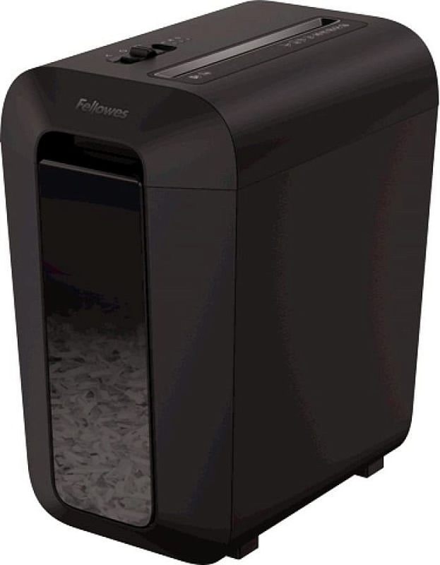 Фото-1 Уничтожитель бумаги Fellowes Powershred LX65, вид спереди слева на белом фоне: тёмно-серый/чёрный корпус, спереди окно корзины с нарезанной бумагой, сверху слот подачи и ползунок переключения режимов; важно для оценки формы корпуса и верхних органов управления на странице товара.