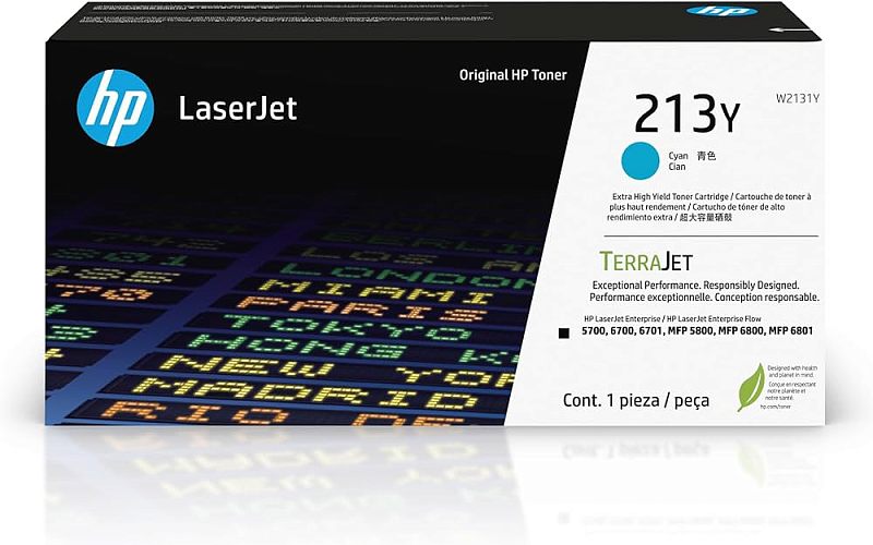 Фото-1 Тонер-картридж HP 213Y W2131Y Cyan, фронтальный вид упаковки; коробка LaserJet с голубой цветовой меткой, маркировкой 213Y, надписью TerraJet и служебным блоком справа. Фото показывает коробочную маркировку и помогает проверить цвет расходника на странице товара.