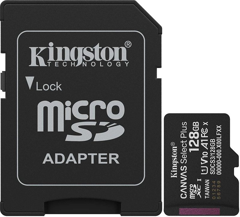 Фото-1 Карта памяти microSDXC Kingston Canvas Select Plus 128GB — комплект с SD-адаптером: чёрный адаптер «microSD Adapter» и microSD рядом, на microSD видны маркировки 128GB, V10 и A1; фото важно для понимания комплекта и форм-фактора на странице товара