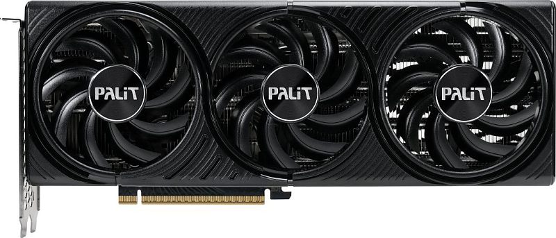 Фото-1 Видеокарта Palit GeForce RTX 5070 Infinity 3, вид спереди. На фото фронтальная сторона с тремя крупными вентиляторами и круглыми центральными наклейками Palit, чёрный кожух с радиальными линиями. Для страницы товара это основной вид системы охлаждения и лицевой панели карты.