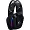 Фото-2 Гарнитура Logitech G733 Lightspeed, вид сбоку под углом. На фото видны чёрная чашка с логотипом G, тканевое подвесное оголовье с узором и световая полоса на боковой части корпуса. Изображение важно для страницы товара, так как показывает боковой профиль и крепление подвесного ремня.