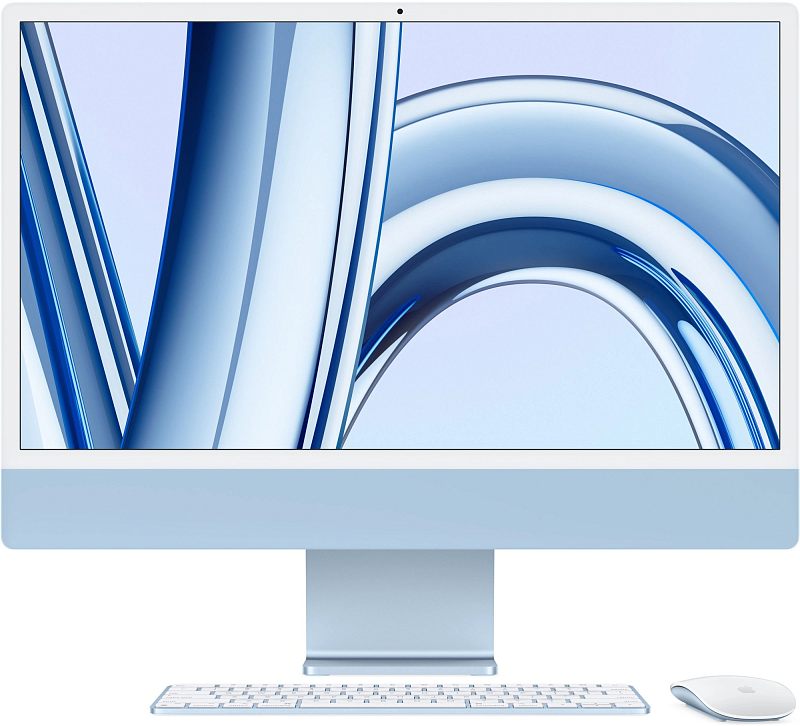 Фото-1 Моноблок Apple iMac A2874 24, вид спереди с комплектом. На фото голубой корпус с белой рамкой, экран, подставка, беспроводная клавиатура и мышь; сверху виден модуль камеры в рамке дисплея. Для карточки товара это важно, потому что показан внешний вид моноблока и комплект поставки на фото.
