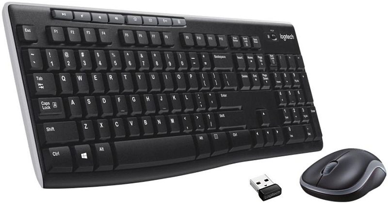 Фото-1 Комплект клавиатура и мышь Logitech 920-003381, вид под углом: чёрная клавиатура с цифровым блоком, чёрная мышь и USB-приёмник; показывает состав комплекта и расположение функциональных клавиш.
