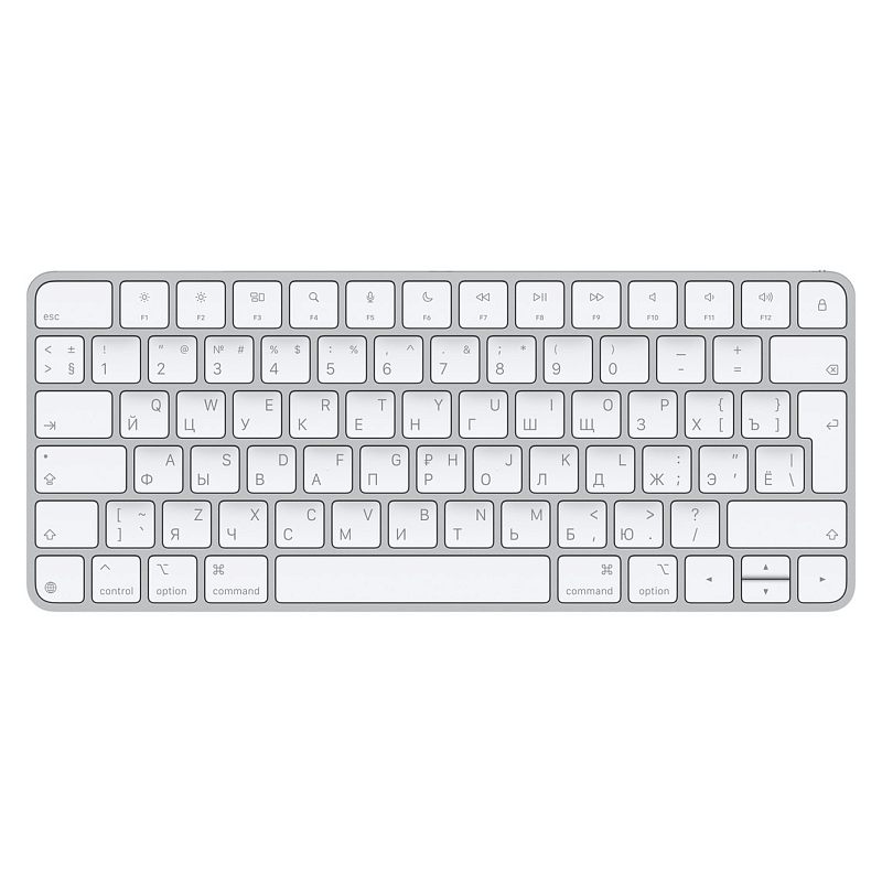 Фото-1 Клавиатура Apple Magic Keyboard, вид спереди сверху на серебристо-белую беспроводную клавиатуру; видны низкопрофильные клавиши, русско-английская раскладка и компактный корпус без цифрового блока. Полезно для страницы товара, чтобы показать раскладку и формат клавиатуры.