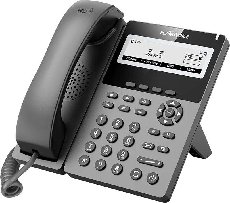 Фото-1 IP‑телефон Flyingvoice P22G, ракурс 3/4: монохромный дисплей, навигационный блок OK, круглые клавиши набора и ряд клавиш M1–M6; серый/чёрный корпус. В карточке товара помогает оценить клавиатуру и дисплей.