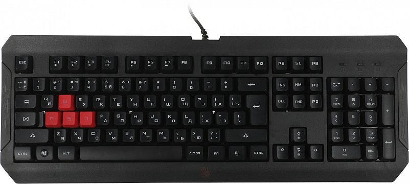 Фото-1 Клавиатура A4Tech Bloody Q100, вид сверху. Полноразмерная проводная модель с цифровым блоком, чёрный корпус, выделенные красные клавиши WASD и три индикатора в правом верхнем углу. Изображение показывает раскладку и внешний вид для страницы товара.