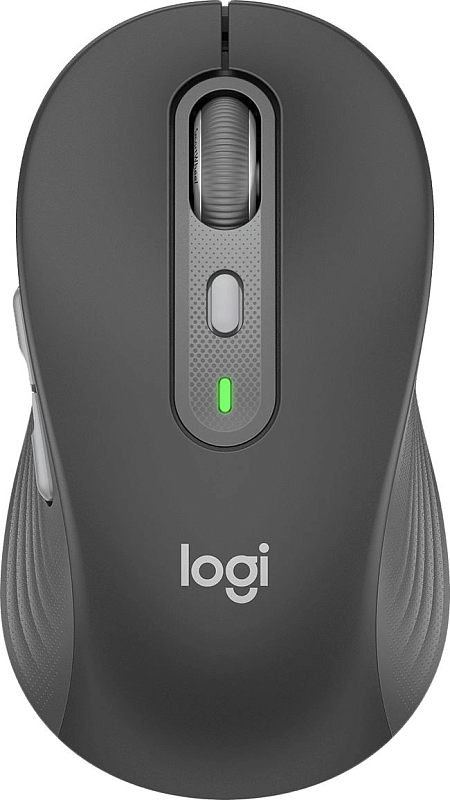 Фото-1 Беспроводная мышь Logitech M750, тёмно-серая, вид строго сверху; видны колесо SmartWheel, центральная кнопка, зелёный индикатор и логотип logi. Изображение для карточки товара, чтобы показать верхнюю компоновку и основные элементы управления.