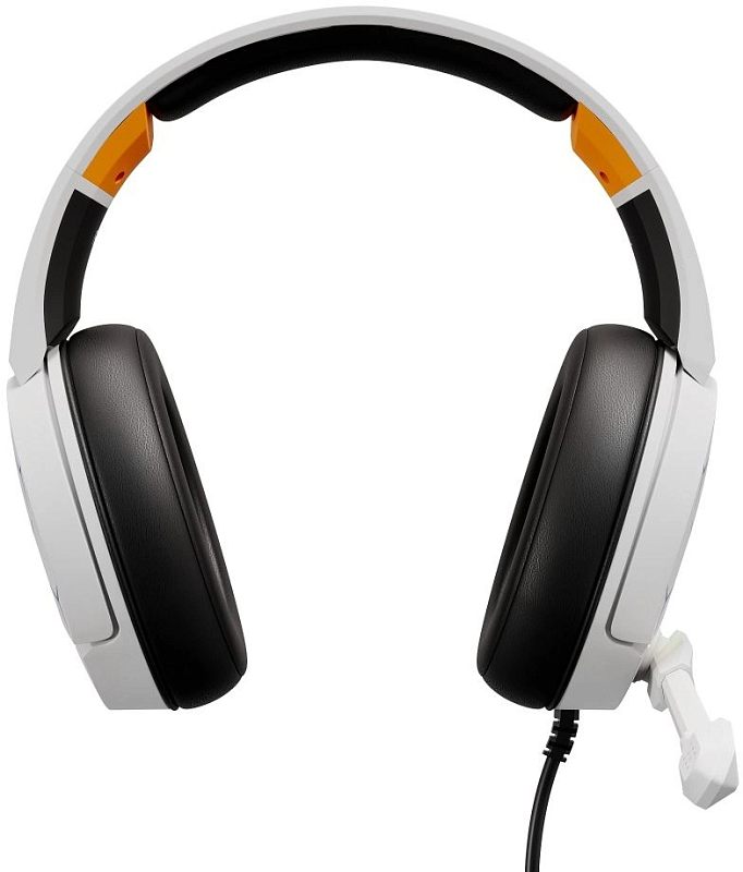 Фото-1 Наушники с микрофоном Oklick HS-L710G, фронтальный вид на полноразмерную проводную гарнитуру; видны белое оголовье с чёрной мягкой вставкой, крупные чёрные амбушюры и откидная штанга микрофона, белый цвет. Подходит для страницы товара и показывает общий внешний вид гарнитуры и формат ношения.